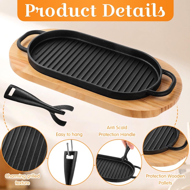 Yiyiring 2 Sets Cast Iron Fajita Skillet Pan Set Sizzling