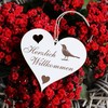 Herzlich Willkommen Sign, Blackbird Black Throttle, Decorative Heart, Wooden Welcome