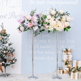 2 Pcs 29.5 inches Crystal Flower Stand Wedding Centerpieces for Tables, Tabletop Silver Metal Flower Arrangement Holder, Bulk Metal Vases for Reception Ceremony Decoration