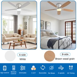 KNUN 51 Inch Low Profile Ceiling Fan with Light and Remote/App Control,Ceiling Fans with Lights, 3CCT,Dimmable,Noiseless,Flush Mount,White Ceiling Fan for Indoor/Outdoor Use