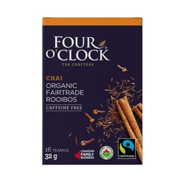 Four O'Clock Organic Fairtrade Chai Tea Rooibos, Non-Gmo, Kosher, Gluten-Free, 16 Count, 32g