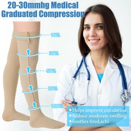 Calcetines de Compresión con Cierre Medias de Compresión hasta Muslo 20-30 mmHg para Mujer Hombre Edema Hinchazón (Beige, L)