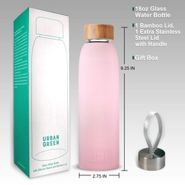 Glass Water Bottle with Protective Silicone Sleeve and Bamboo Lid Urban green, 18oz, 1extra 304 Stainless Steel Lid with Handle, BPA Free, Dishwasher Safe, Valentine Gift