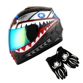 1Storm Youth Kids Motorcycle Full Face Helmet Street Bike BMX MX Shark Black + MG Youth Glove Bundle