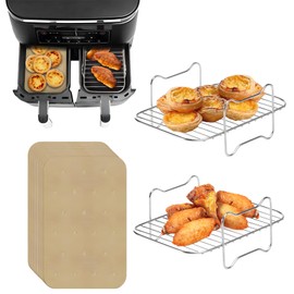 Foodi Air Fryer Rack Set with 2pcs Air Fryer Rack and Liners Disposable - 100pcs Parchment Paper, Ninja Dual Air Fryer Accessories for Foodi DZ201 DZ401-304 Stainless Steel