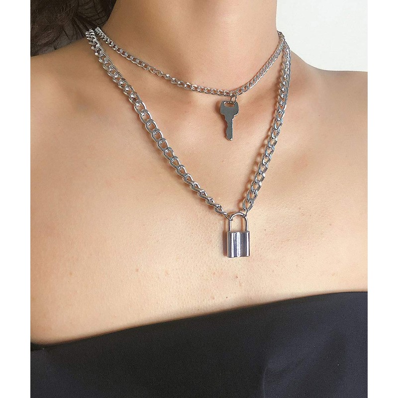 Tanyoyo Lock Key Pendant Necklace Statement Long Chain Punk Multilayer