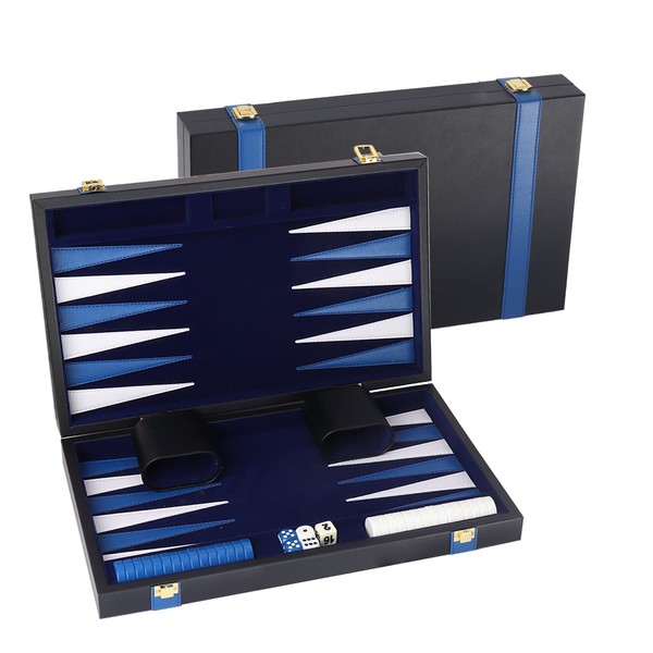 GSE Premium Leather Backgammon Board Game Set, Classic Backgammon Game Set with Leather Case, Travel Folding Board Game (Black&Blue, Small)