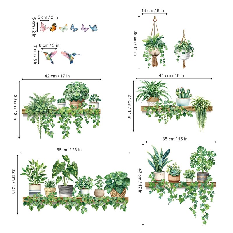 decalmile Green Pot Plants Wall Stickers Tropical Leaf Hanging Vines