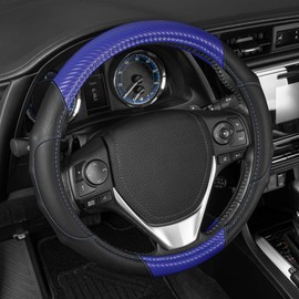 BDK GripDrive Carbon Fiber Steering Wheel Cover, Non-Slip Sporty Racing Faux Leather Ergonomic Comfortable Handle, Steering Wheel Cover for Cars Trucks Vans SUV - Fits Standard 15 Inch - Blue