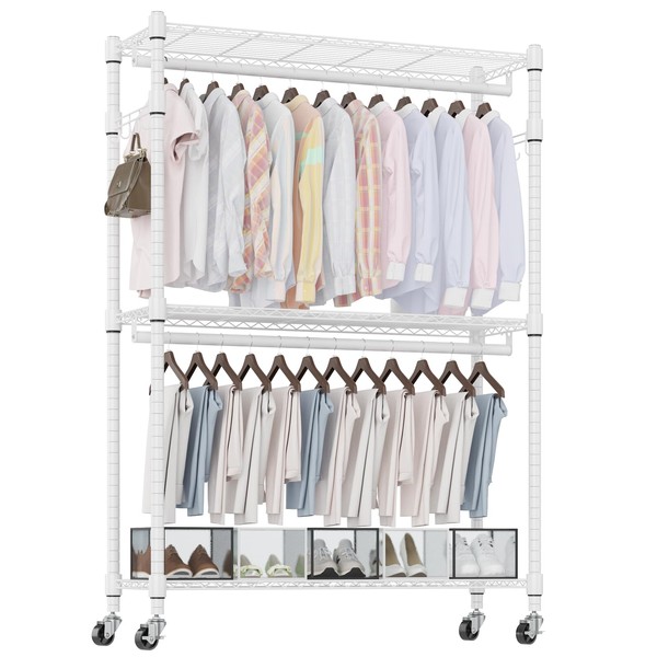 Homdox 3 Tier Heavy Duty Garment Rack with Wheels, Adjustable