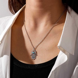 Allereyae Vintage Hamsa Hand Pendant Necklace Buddha Palm Choker Necklace Silver Hamsa Hand Choker Necklace Retro Hamsa Hand Necklace Jewelry for Women