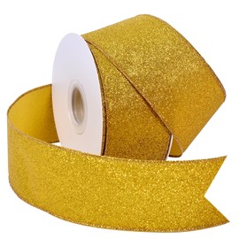 YAMA Glitter Wired Ribbon, Yellow Gold, 2-1/2 inch x 20 Yards, for Christmas, Gift Wrapping, Wreath, Crafts, Bow Making and Party Decoration