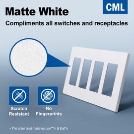 CML Matte White Decorator Screwless Wall Plate, 4-Gang Outlet Covers and Decor Light Switch Plates, Scratch and Impact Resistant, Polycarbonate, Standard Size 4.68” X 8.34”
