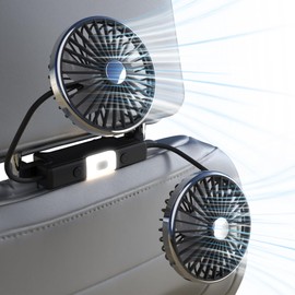 USB Car Fan for Backseat, Dual Head Car Cooling Fan, 2 LED Lights 3 Speeds 360° Rotatable Quiet Brushless Motor for Front/Rear Passengers Kids and Dogs, Electric Air Circulation Fan for RV SUV Truck