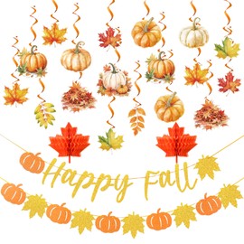 SUNBEAUTY Fall Party Hanging Decorations Glitter Happy Fall Banner Hanging Pumpkins Maple Leaves Swirls 3D Hot Orange Maple Leaf For Autumn Thanksgiving Harvest Festival Classroom Home Office Ceiling