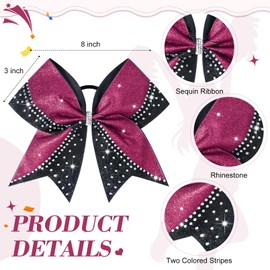 6PCS Glitter Cheer Bow Large Cheer Bows Rhinestones Hair Bows Girls 8"Cheerleading Bows Bulk Elastic Band Ponytail Holder for Teen Girls College Sports Competition Pink Black