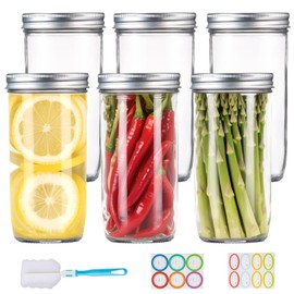 Wide Mouth Mason Jars 24 oz, 6 Pack Glass Canning Jars with Airtight Lids, Large Mason Jars with Labels Brush, Round Glass Containers with Lids, Glass Storage for Canning, Fermenting, Pickling, DIY