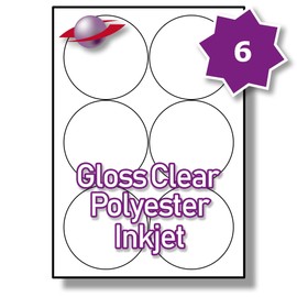 Label Planet® 6 Per Page/Sheet 5 Sheets (30 LARGE TRANSPARENT Round Sticky Labels) CLEAR POLYESTER Big Circular A4 Gloss Premium Printable Stickers, 88MM Diameter LP6/88R GCP, Multi-Purpose