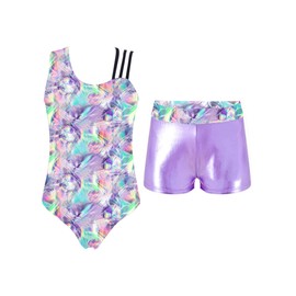 Loodgao Kids Girls 2Pcs Gymnastics Outfits Sleeveless Dance Leotard with Shorts Set Athletic Biketard Dancewear Swimwear Bright Shadow 12