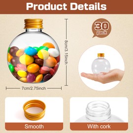 JEFHOMKIT 6 oz Ball Shape Plastic Sand Art Bottles,30 Pcs Spherical Plastic Potion Bottles with Funnels,Clear Round Bottles for Christmas Cocktail Ornament DIY Wedding Party (Gold,Aluminum Cap)