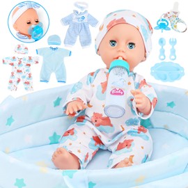 GirlDiary Baby Doll Boy Set with 3 Clothes and Accessories, Carrier Bassinet Bed, Bottle, Pretend Play Toddler Toy for Age 3 4 5 6 7 8 Years Old Children Girls Boys Gift 031
