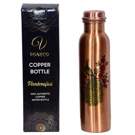 Voneco Copper Bottle for Drinking Water 33 Oz Ayurvedic Leak Proof lid Printed Golden Peacock Design Durable Lightweight Hand Washable Vessel Clean Cool Water Natural Mineral BoostEnergy Water Utensil