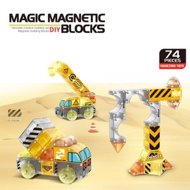 Creativity Point Magnetic Building Blocks, 74 Pieces, Crane, Vehicle Track, Construction Car Engineering Themed Magnetic Tiles, 3D Magnetic Building Blocks, Educational STEM Toys for Kids