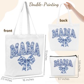 Funny Mama Gifts Blue Floral Bow Canvas Tote Bag Makeup Bag Set, Mama Mom Gifts from Daughter, Mothers Day Birthday Present for Stepmom Mother in Law Reusable Grocery Bags Travel Cosmetic Bags