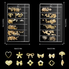 Gold Nail Charms, Metal Rivet Nail Charms, Multi Shapes Bows Flowers Heart Leaf Golden Nail Art Charms, Gold Rivet Charms for Nails Art Decor Accessories for Women Girls Acrylic Nails