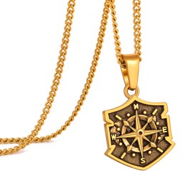 Crafted Compass Coin Necklace with Wheat Chain for Men, Mens Necklace with Compass Pendant Perfect for Travelers and Adventurers, 24 inch (24, Black and Gold-Shield-Wheat Chain)