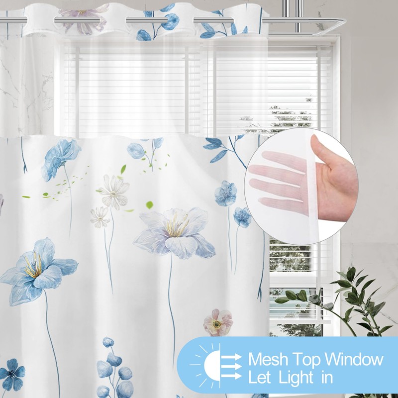 No Hook Shower Curtain and Liner Set, Blue Floral 71x77