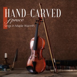 AKLOT Handcrafted Full Size Violin: 4/4 Solid Wood Fiddle, Acoustic Beginner Violin Kit with Hard Case, Lesson Book, Bow, Rosin, Shoulder Rest, Extra Strings, Tuner, Fretboard Stickers (VRT-AmiOB)