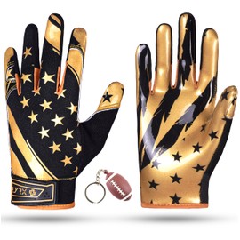 LYRX Kids Football Receiver Gloves: Elevate Your Game with Sticky Wide Performance! Designed for Kids - Experience Comfort and Flexibility with Stretch Fit (F2 Gold American Flag, Kids X-Small)
