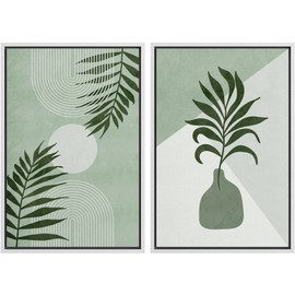 SIGNFORD Framed Canvas Print Wall Art Green Forest Plants and Geometric Polygons Abstract Shapes Illustrations Modern Boho Nature Colorful Chic for Living Room, Bedroom, Office - 24"x36"x2 White