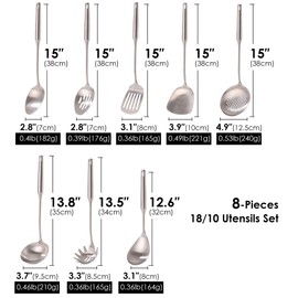 18/10 Stainless Steel Kitchen Utensils Set - 15” All Metal Cooking Tools & Serving Utensils, 8 PCS - Solid Spoon, Slotted Spoon, Spatula, Ladle, Skimmer, Tunner, Spaghetti Spoon, Large Spoon Set