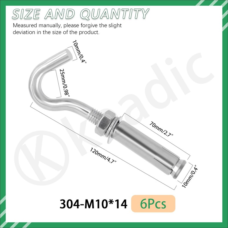 Keadic 6Pcs M10 Expansion Hook,304 Stainless Steel Concrete Wall Hook,