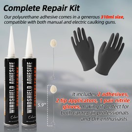 Calvana (2-Pack) Urethane Windshield Adhesive, Automotive Polyurethane Sealant, Car Glass Chip & Crack Repair Kit with 1 Pair Gloves, Quick Curing, Weather Resistant, Black, 310ml