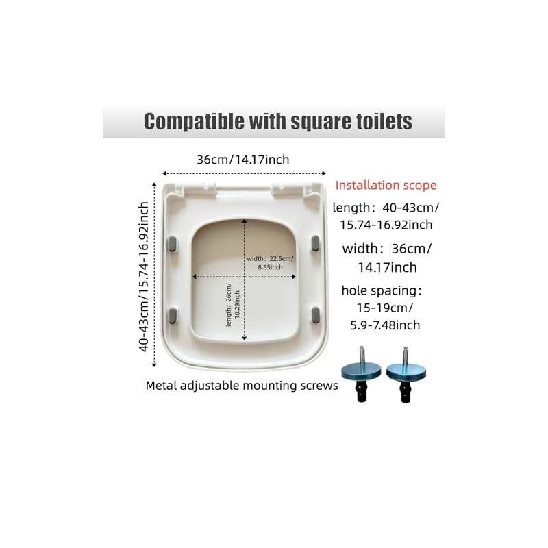 Minsha MinS03 square toilet seat, glossy finish, designed for 16.5”L