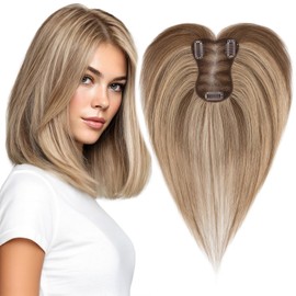 Elailite Human Hair Toppers for Women Real Human Hair Topper Hand-Tied Thin 8 * 11CM Lace Base Light Weight Clip in Remy Hairpieces 11 Inch Medium Brown mix Dark Blonde