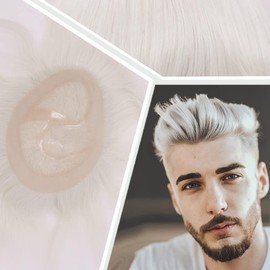 Tupé Masculino De Encaje Mono Con Tupé De Poliuretano, Sistema De Reemplazo De Cabello Humano 100% Europeo, Pelucas Postizas Para Hombre (Color Gris Blanco 60Ry)