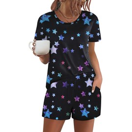 Ekouaer Women's Pajama Sets Short Sleeve Pjs 2 Piece Top and Shorts Sleepwear Comfy Soft Lounge Sets with Pockets Black Star Medium