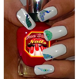 Peacock and peacock feathers clear waterslide nail art decals. Set of 61.