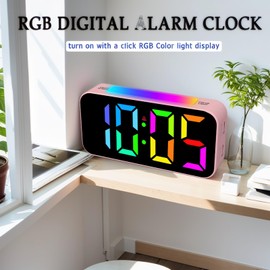 Lancoon Color Digital Clock with Snooze Function RGB Large Display 8 Color Options12/24 Hour Format Simple Digital Alarm Clock for Bedroom Adjustable Volume Brightness Control Plug in Pink