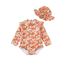 SUNNY PIGGY Baby Girl Swimsuit Toddler Long Sleeve One Piece Back Zipper Floral Print Ruffled Swimwear Bathing Suit Guard Rash with Hat Wear Orange