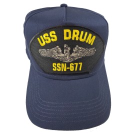 NA USS DRUM SSN-677 Ship Hat - Silver Dolphins - Navy Blue - Veteran Owned Business