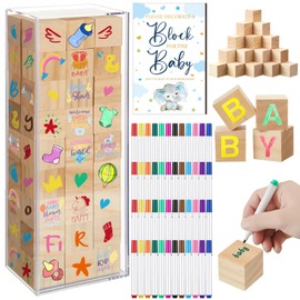 Tenceur 104 Pcs Baby Shower Game Sign Set Baby Shower Blocks to Decorate 54 DIY Blank Wooden Block 48 Watercolor Markers with Acrylic Box Set for Games Gender Reveals Party Supplies(Elephant)
