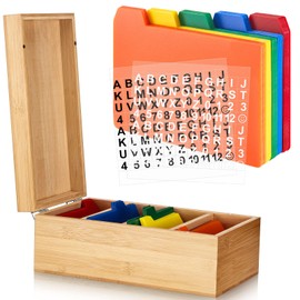 Index Card Holder Set, Bamboo Index Cards Organizer, 50 Pcs Index Card Dividers 2 Sheets Alphabet Number Stickers File Note Card Holders for Office Business Classroom(3 x 5 Inches)