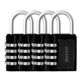 Belle Vous 4 Pack Black 4 Digit Combination Shackle Padlock - 4.8 x 4 x 1.6cm/ 1.88 x 1.57 x 0.62 inches - Heavy Duty Waterproof Indoor/Outdoor Security Lock for Gym & School Locker, Fence & Gates