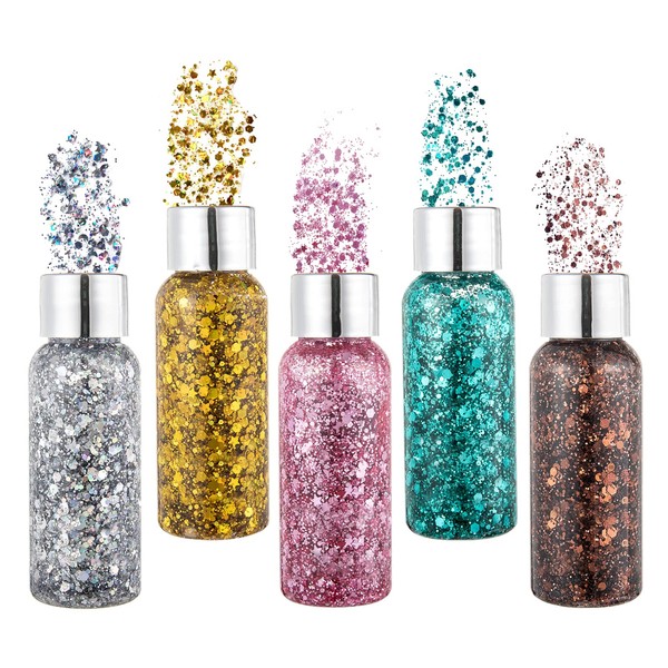 Face Body Glitter Gel, 5 Colours Mermaid Sequins Chunky Glitter Body Gel, Liquid Sparkling Eyeshadow, Face Glitter, Eye Glitter, Body Glitter, Hair Glitters for Stage, Festival, Party Makeup
