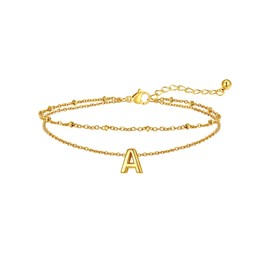 FaithHeart Gold Anklets Initial Ankle Bracelets for Women, 14K Gold Plated Stainless Steel Anklet Non Tarnish Waterproof Summer Beach Jewelry, Length 8.5"+2"